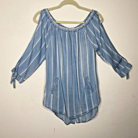 Billy T Blue & White Stripe Linen Off Shoulder 3/4 Tie-Sleeve Back Button Top XS - Picture 2 of 13